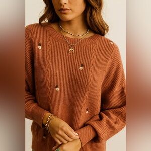 Hem & Thread Rust Cable Knit Sweater with Floral Accents